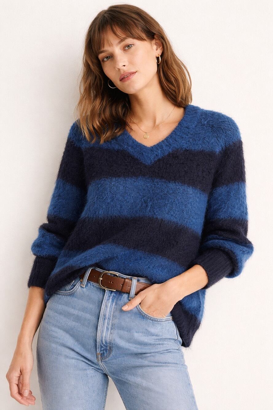 Madewell Brushed V-Neck Sweater | Heather Lapis Blue Stripe | XS
